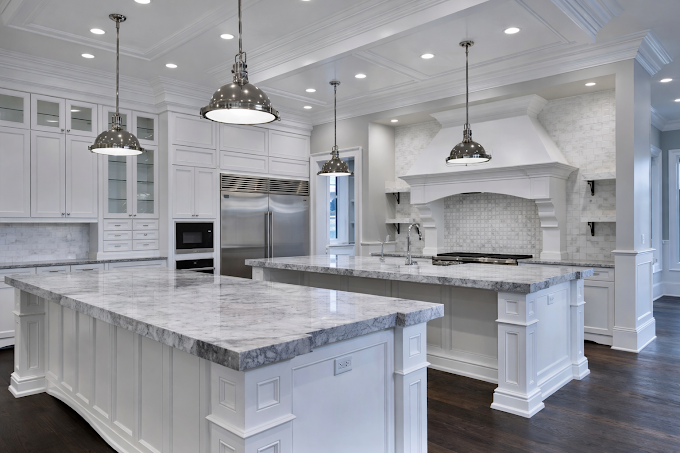 White marble gourmet kitchen